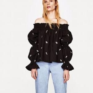 NWT Zara Trafaluc Women’s Floral Embroidered Off Shoulder Top Sz XS Black‎ White